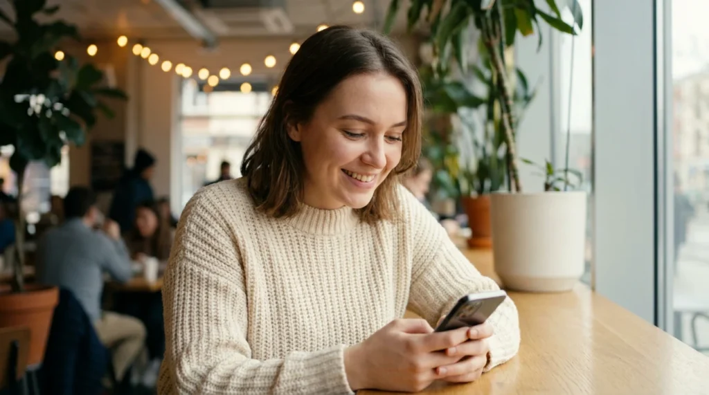 Uśmiechnięta dziewczyna odpisująca na wiadomość w telefonie w kawiarni